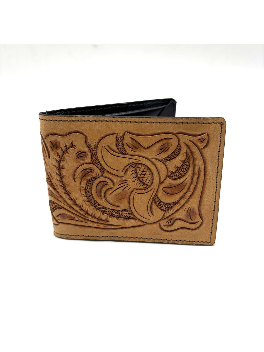 Vintage 80s 90s Handmade Floral Tooled Tan Genuine Leather Men's Bifold Wallet